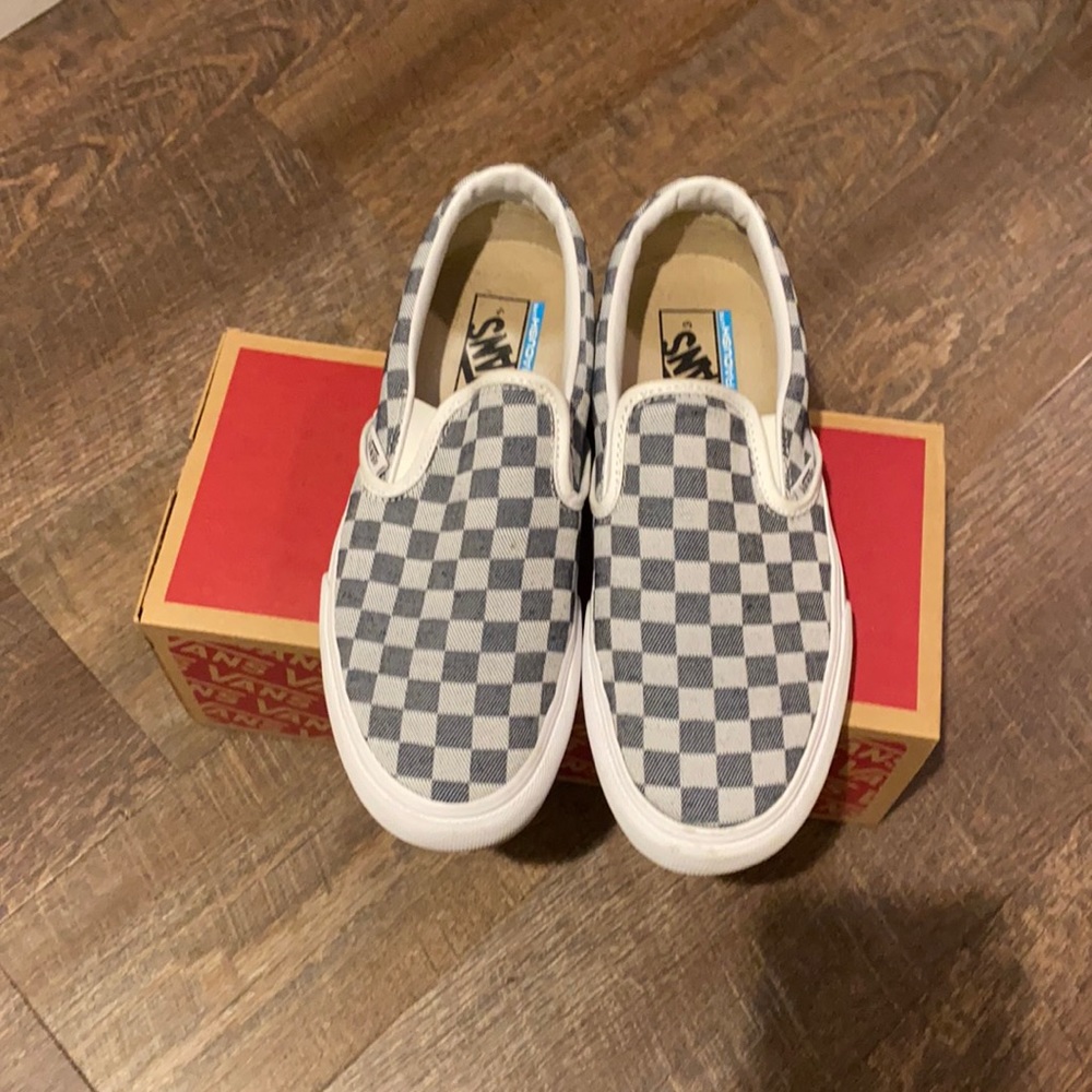 Denim checkerboard platform vans